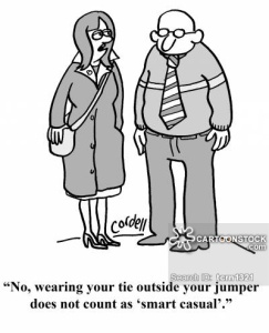 'No, wearing  your tie outside your jumper does not count as 'smart casual'.'